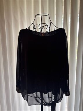 Women's Black Sheer Long-Sleeve Top - Classic Draped Style